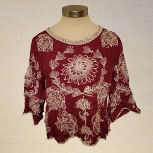 Whimsy Boho Solitaire Embroidered Floral Bell Sleeve Cropped Blouse Red Large